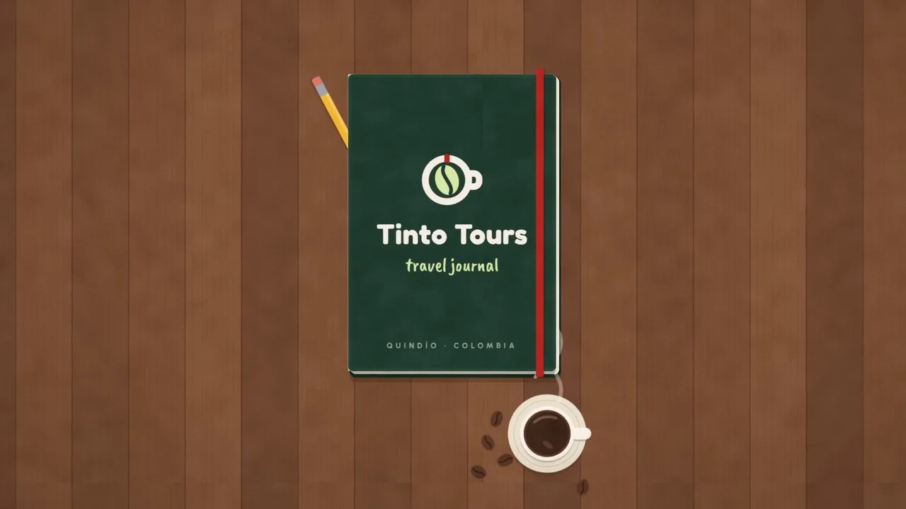 Das Reisetagebuch von Tinto Tours geschlossen auf einem Holztisch, neben einem tinto