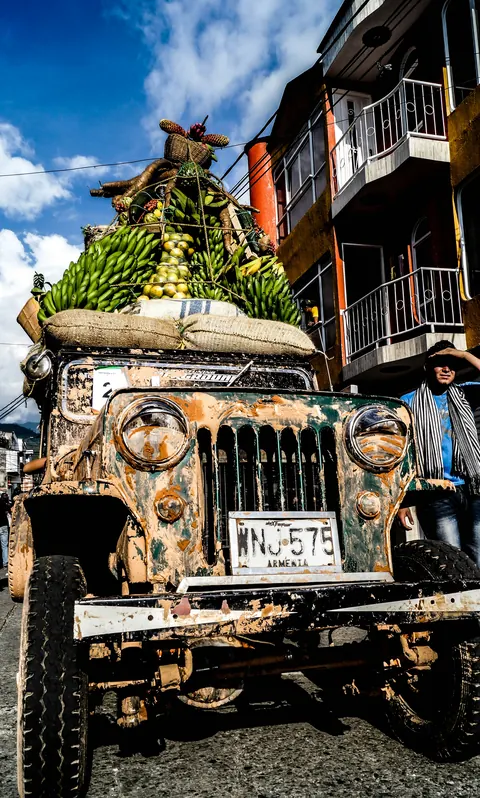 Jeep loaded with bunches of bananas on the roof