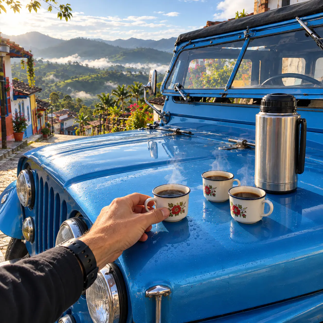 Steaming tintos on the hood of a blue Willys, overlooking the Quindío mountains