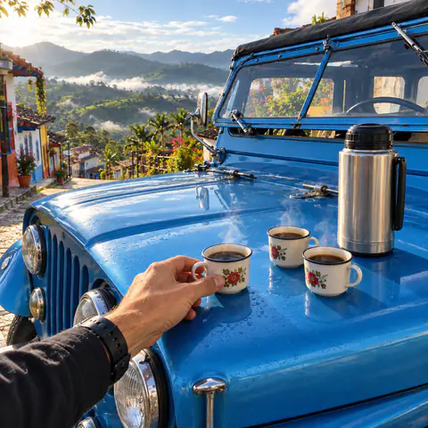 Dampfende tintos auf der Motorhaube eines blauen Willys, mit Blick auf die Berge des Quindío